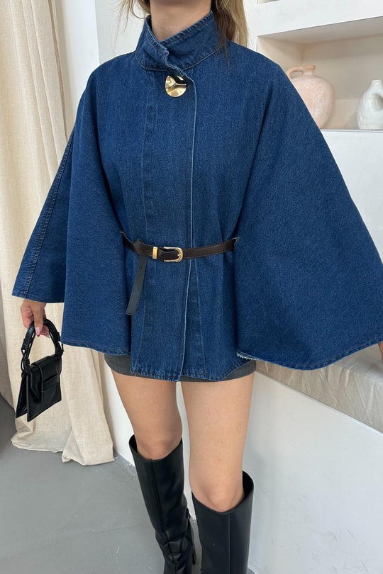 Gold Düğmeli Denim Butterfly Ceket Lacivert