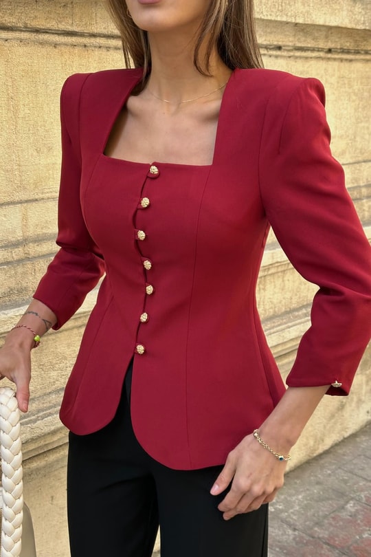 Gold Düğmeli Princess Blazer Bordo