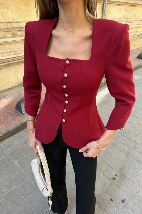 Gold Düğmeli Princess Blazer Bordo