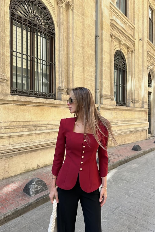 Gold Düğmeli Princess Blazer Bordo
