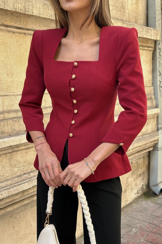 Gold Düğmeli Princess Blazer Bordo