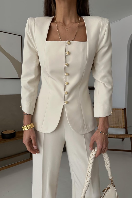 Gold Düğmeli Princess Blazer Krem