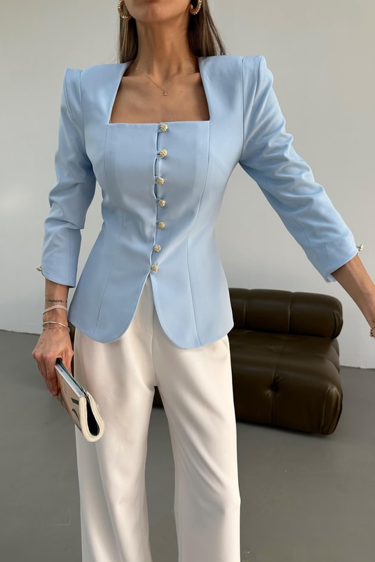 Gold Düğmeli Princess Blazer Mavi