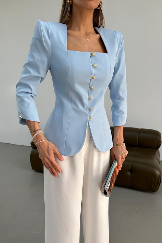 Gold Düğmeli Princess Blazer Mavi