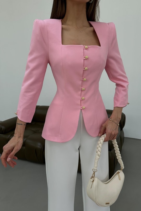 Gold Düğmeli Princess Blazer Pembe
