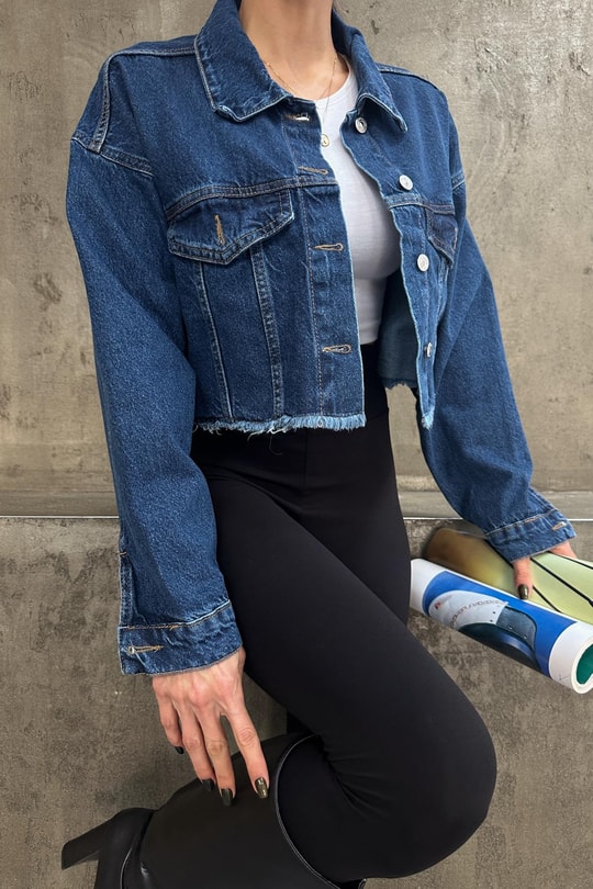 Gömlek Yaka Jean Crop Ceket Lacivert