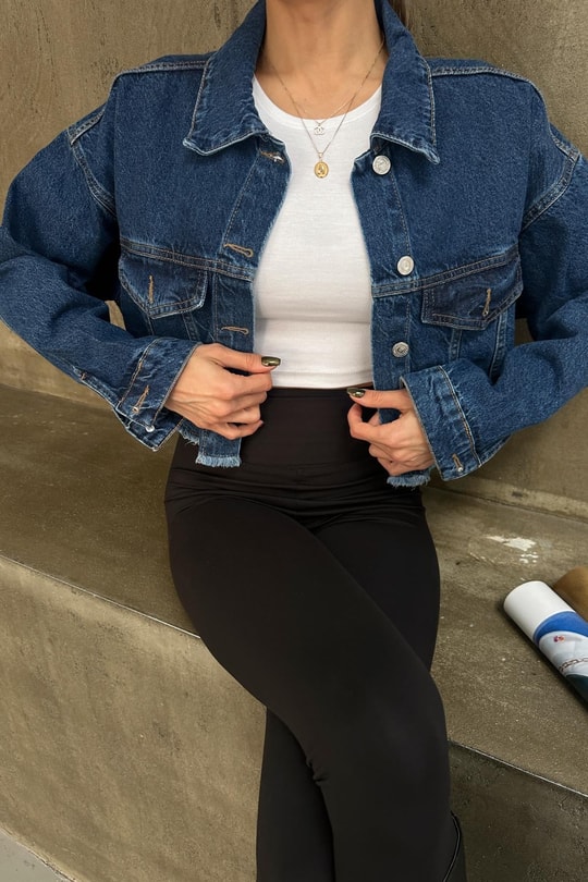 Gömlek Yaka Jean Crop Ceket Lacivert