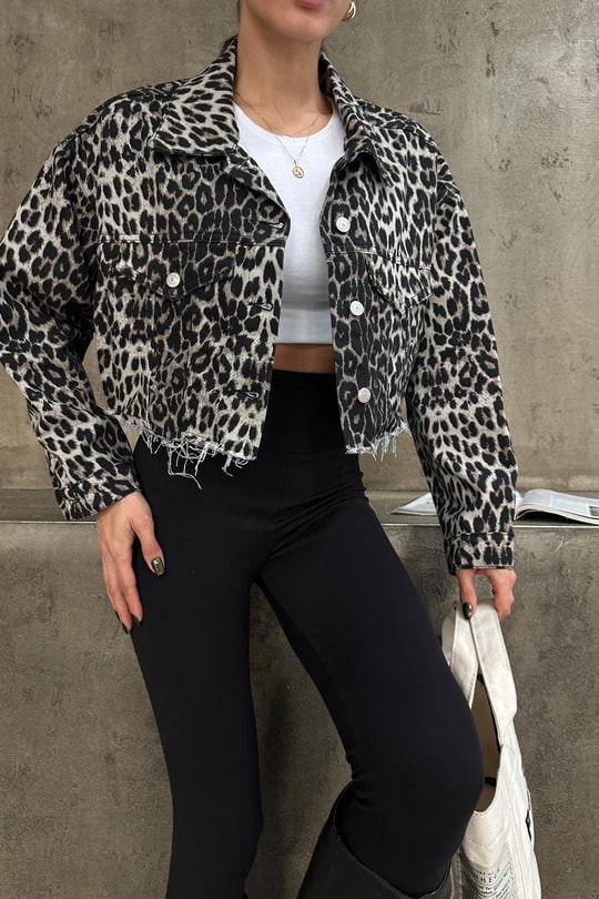 Gömlek Yaka Jean Crop Ceket LEOPAR DESEN