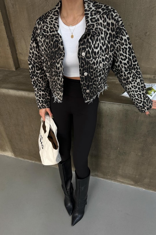 Gömlek Yaka Jean Crop Ceket LEOPAR DESEN