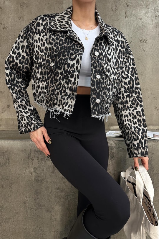Gömlek Yaka Jean Crop Ceket LEOPAR DESEN