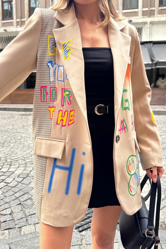 Grafiti Ekose Blazer Ceket Bej