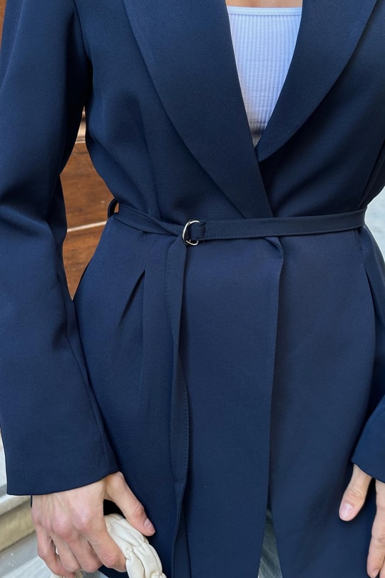 İnce Kemerli Blazer Ceket Lacivert