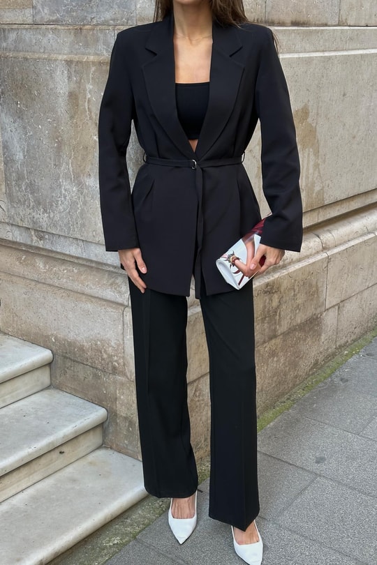 İnce Kemerli Blazer Ceket Siyah