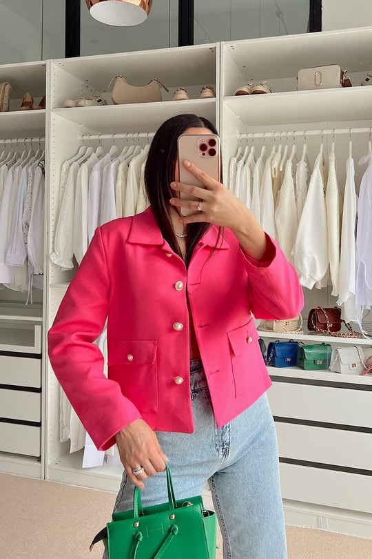 İnci Düğmeli Crop Ceket Fuşya