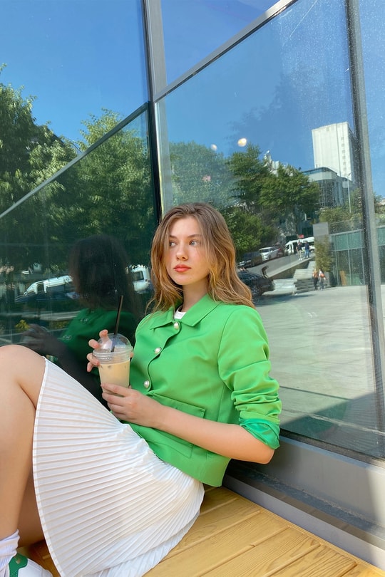 İnci Düğmeli Crop Ceket Yeşil