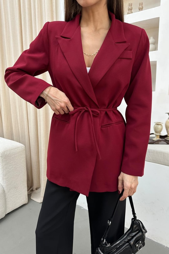 İp Kemerli Blazer Ceket Bordo