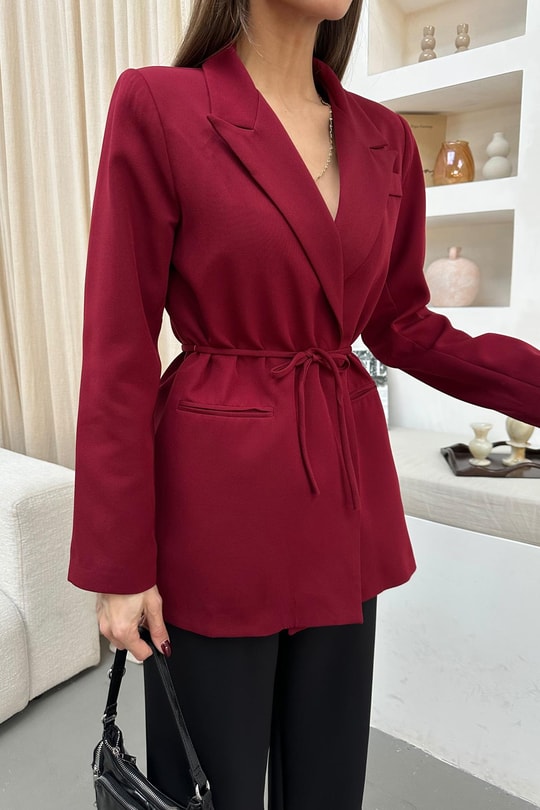 İp Kemerli Blazer Ceket Bordo