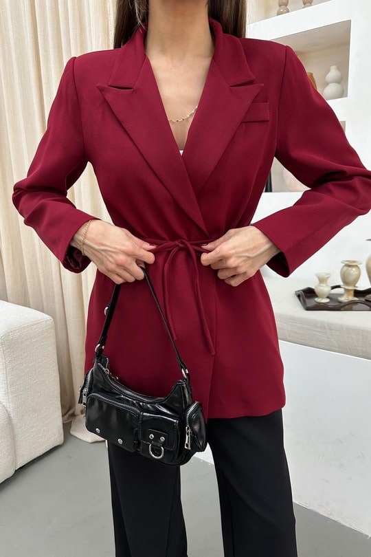 İp Kemerli Blazer Ceket Bordo