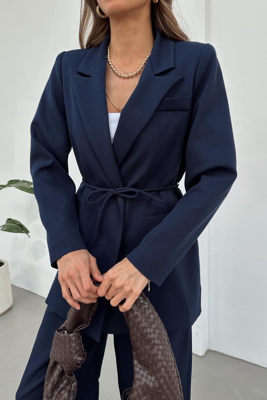 İp Kemerli Blazer Ceket Lacivert