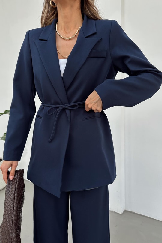İp Kemerli Blazer Ceket Lacivert