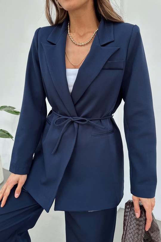 İp Kemerli Blazer Ceket Lacivert