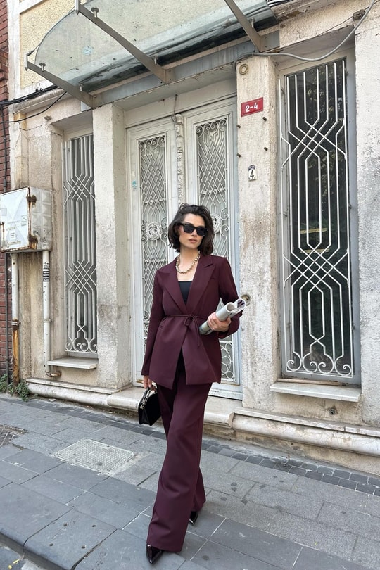 İp Kemerli Blazer Ceket Mürdüm