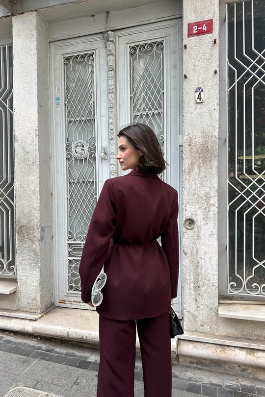 İp Kemerli Blazer Ceket Mürdüm