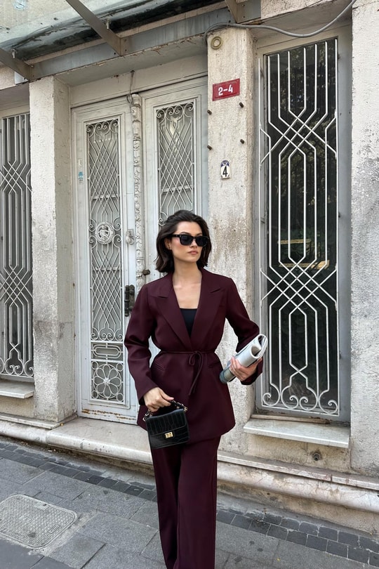 İp Kemerli Blazer Ceket Mürdüm