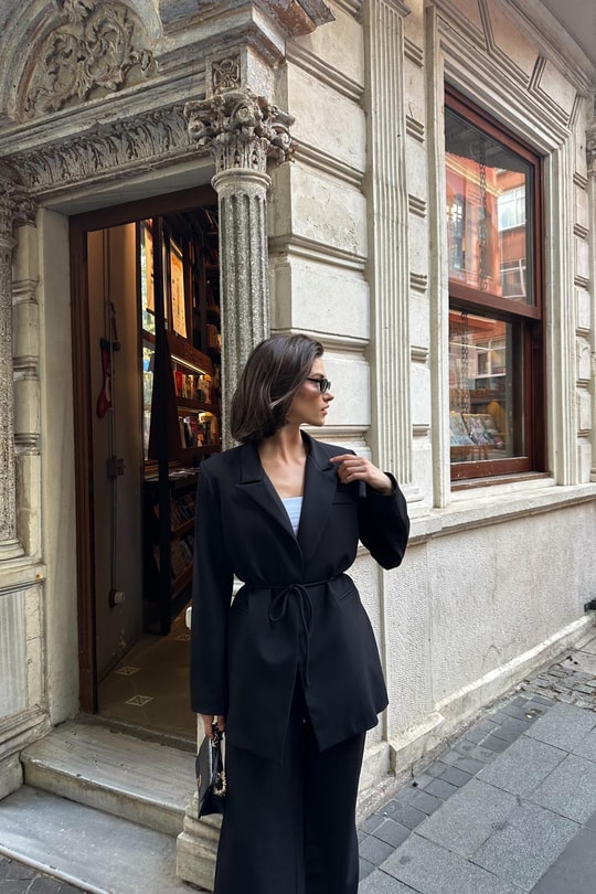 İp Kemerli Blazer Ceket Siyah