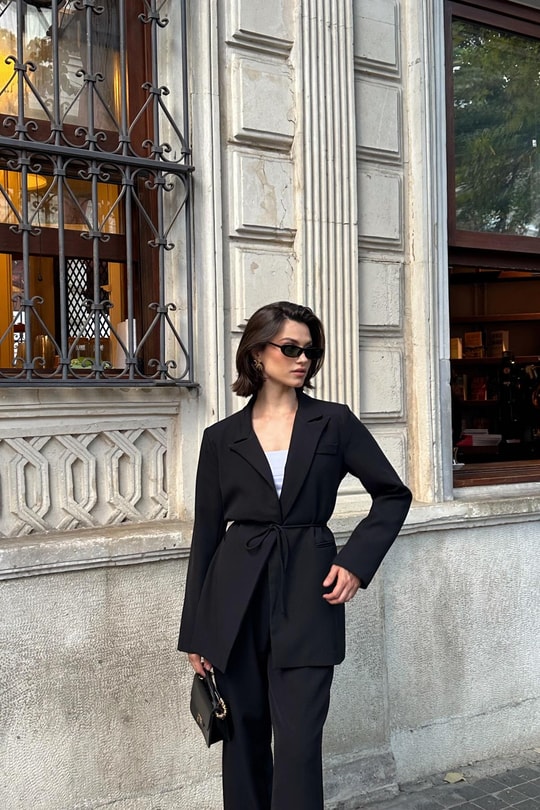 İp Kemerli Blazer Ceket Siyah
