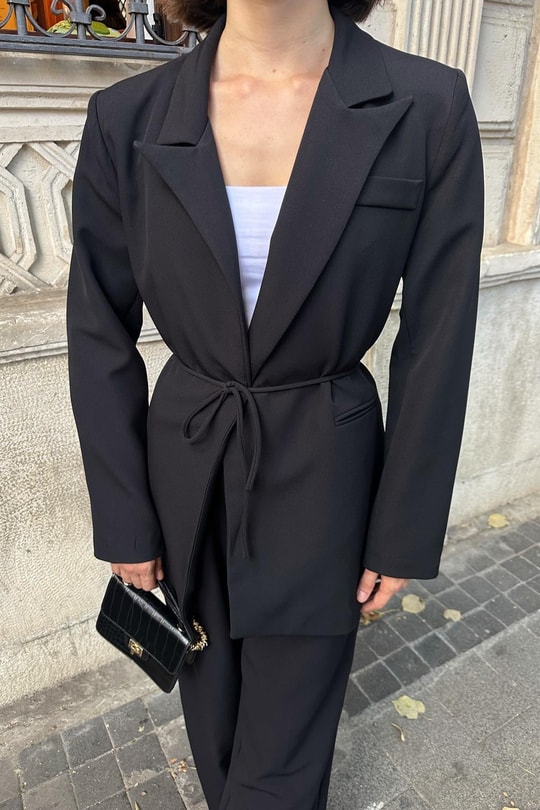 İp Kemerli Blazer Ceket Siyah