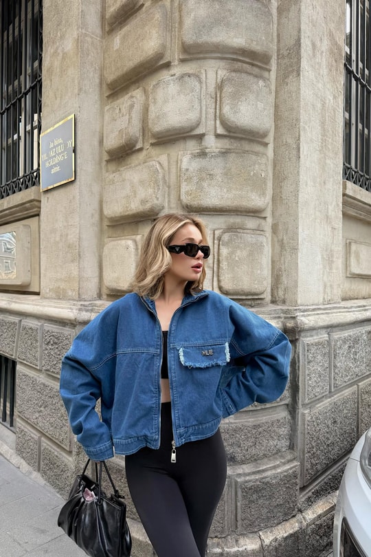 Kapama Cep Denim Ceket Mavi