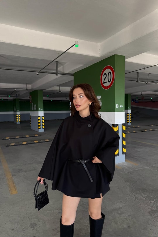 Kaşe Kumaş Panço Siyah