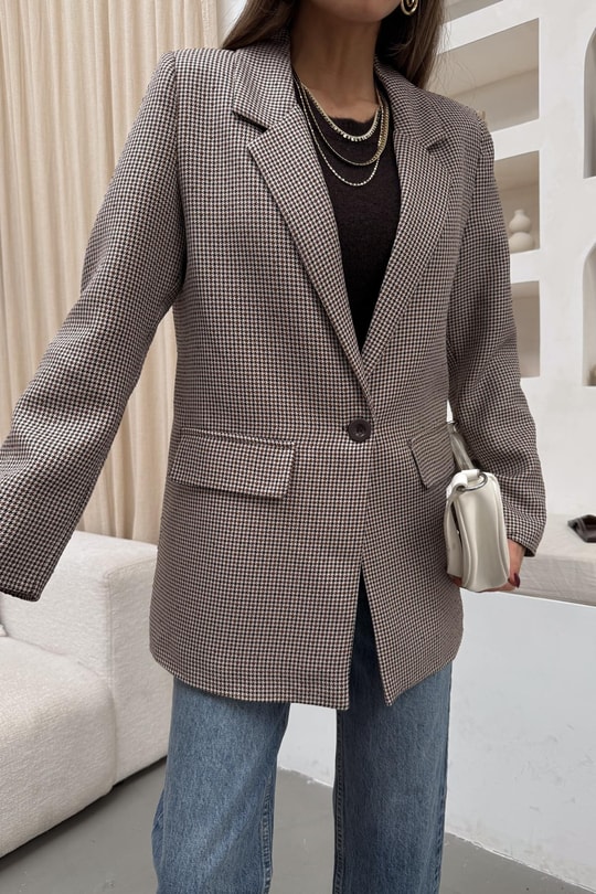 Kazayağı Tek Düğme Blazer Ceket Kahve