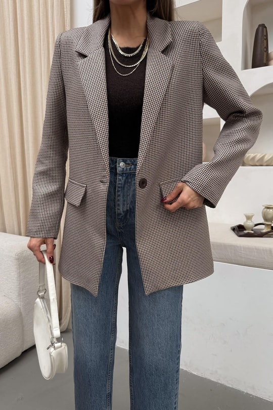 Kazayağı Tek Düğme Blazer Ceket Kahve