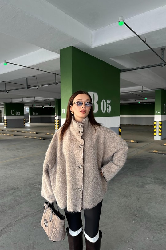 Keçe Tüylü Dikiş Detay Ceket Vizon