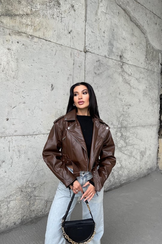 Kemerli Biker Deri Ceket Taba