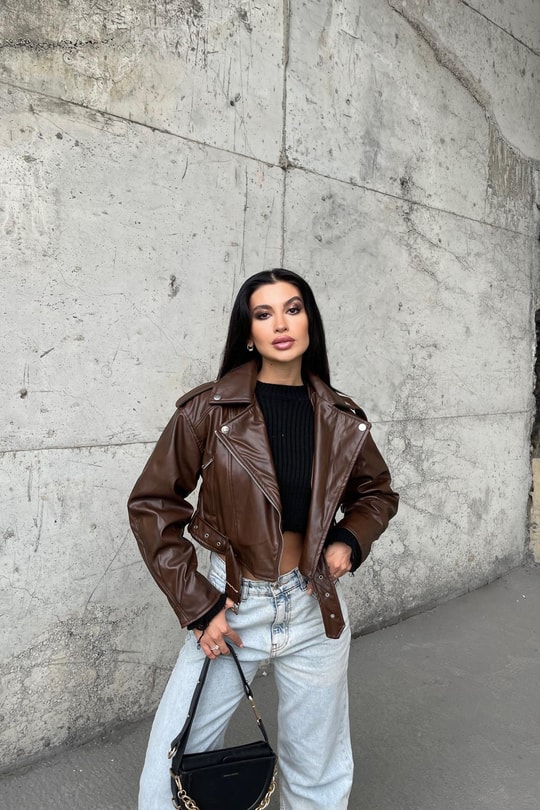 Kemerli Biker Deri Ceket Taba