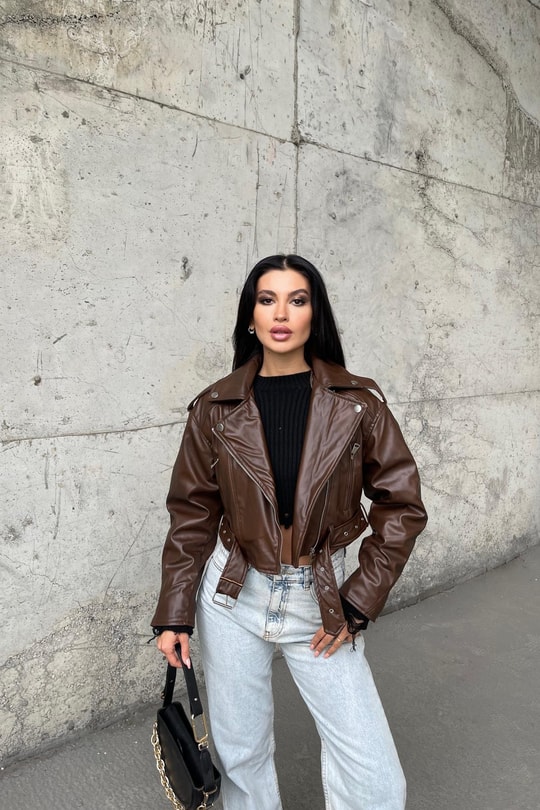 Kemerli Biker Deri Ceket Taba