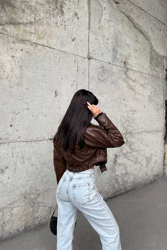 Kemerli Biker Deri Ceket Taba