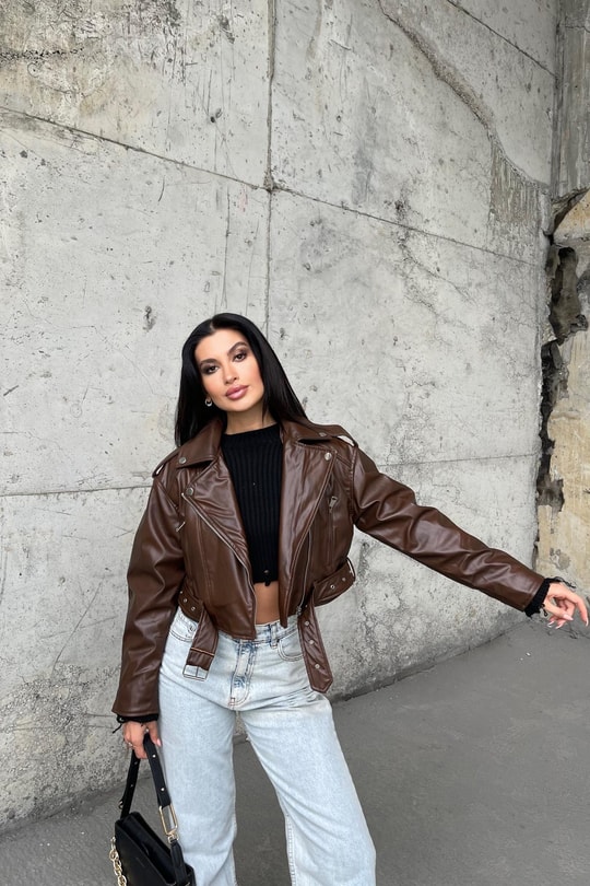 Kemerli Biker Deri Ceket Taba