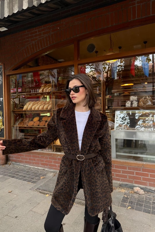 Kemerli Kürk Blazer Ceket LEOPAR DESEN