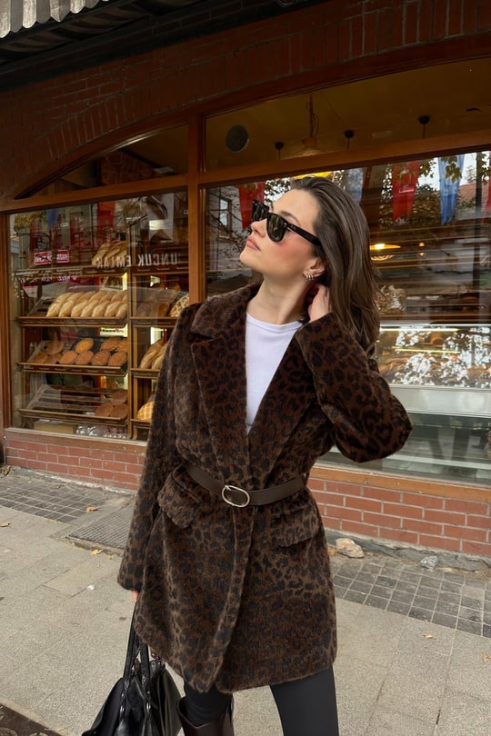 Kemerli Kürk Blazer Ceket LEOPAR DESEN