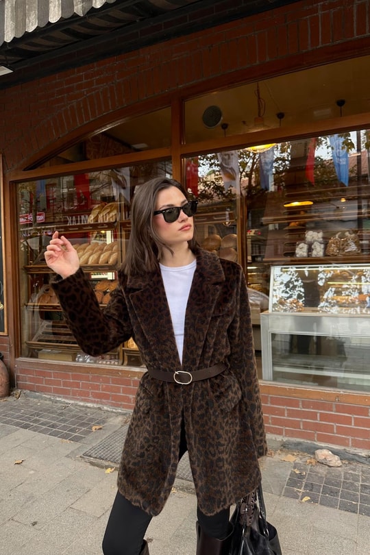 Kemerli Kürk Blazer Ceket LEOPAR DESEN