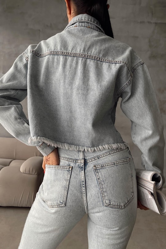 Kesik Bel Denim Ceket Buz Mavi