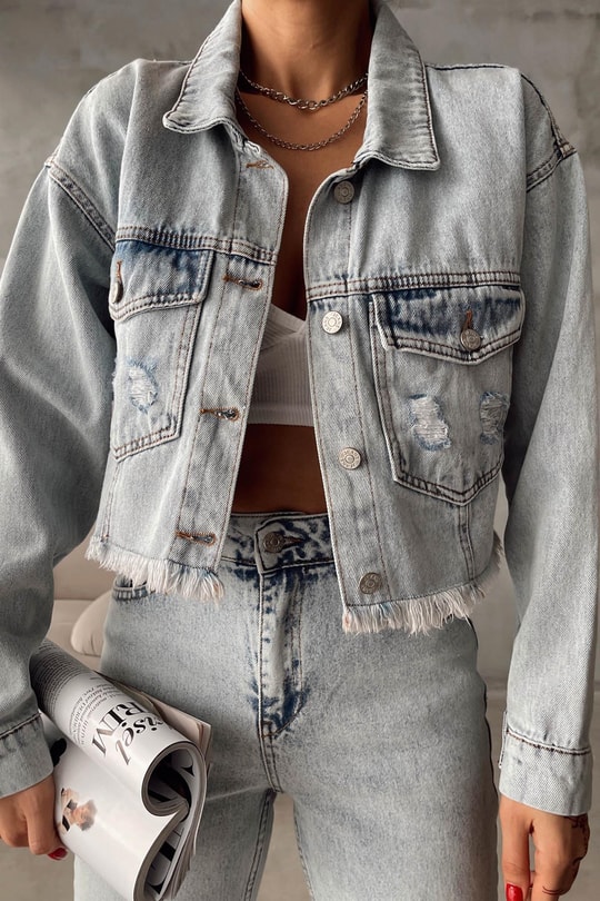 Kesik Bel Denim Ceket Buz Mavi