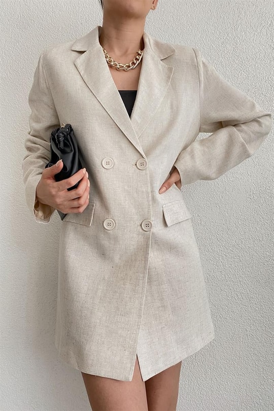 Keten Blazer Ceket Bej