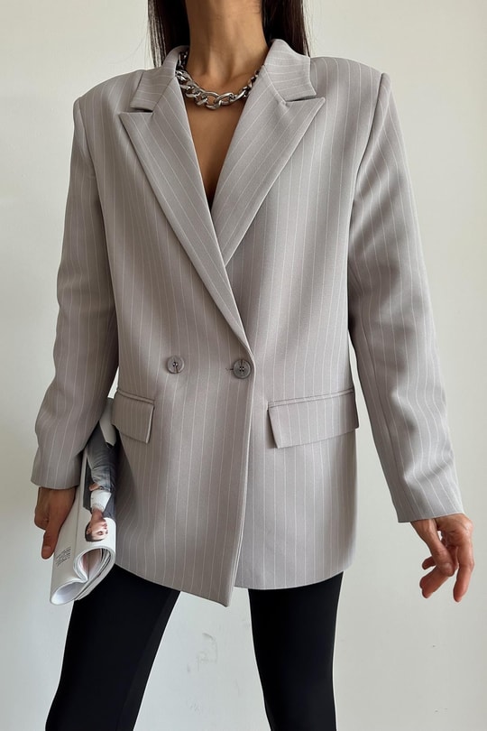 Kruvaze Çizgili Oversize Ceket Gri
