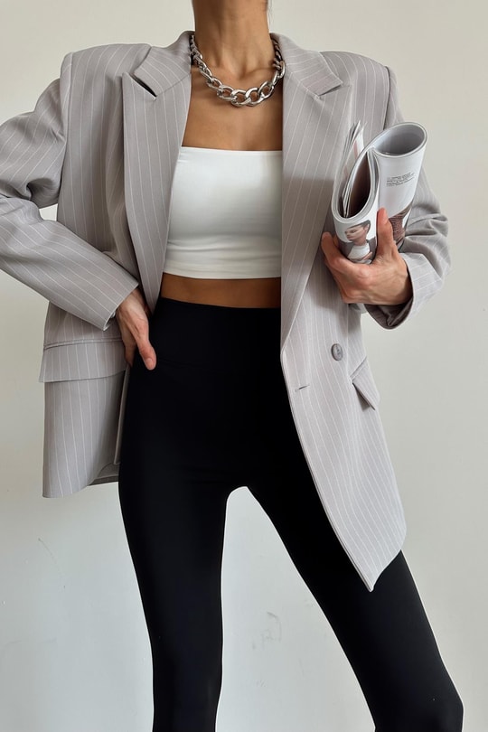 Kruvaze Çizgili Oversize Ceket Gri
