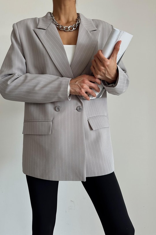 Kruvaze Çizgili Oversize Ceket Gri